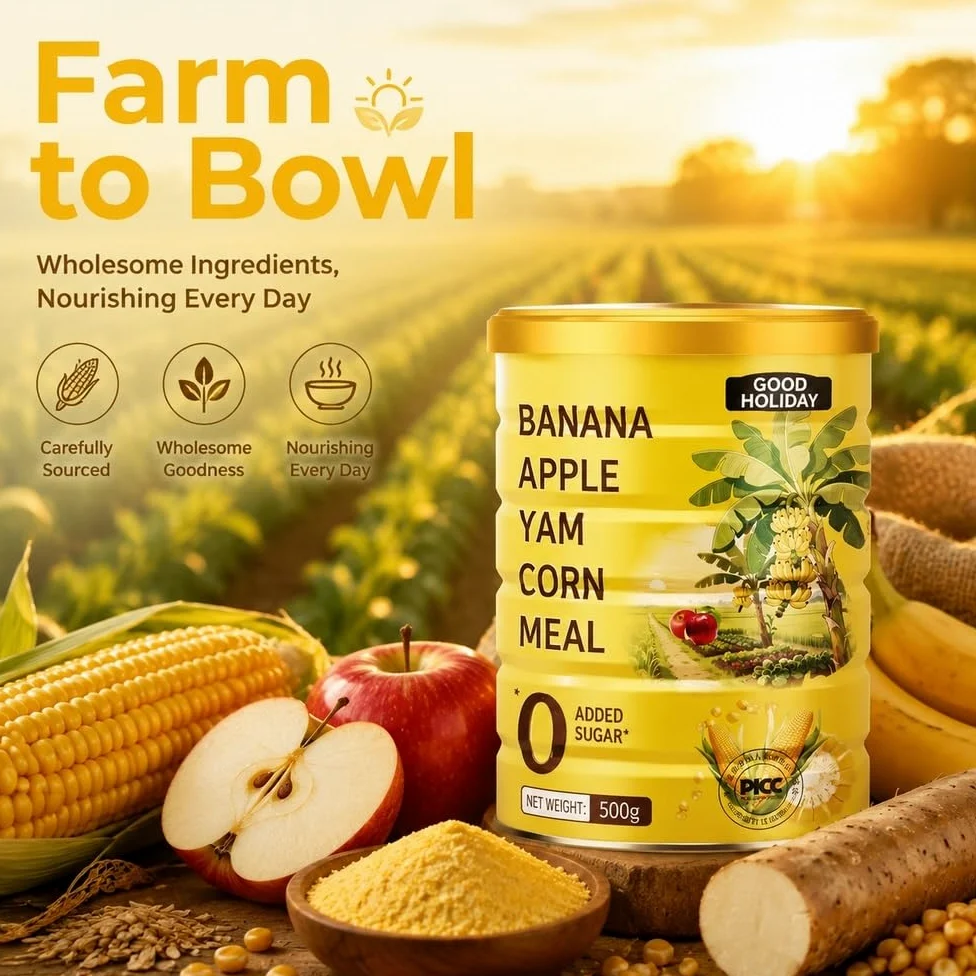 Polvere di mais istantanea con banane e mele, 500 g | Cereali caldi istantanei 30s con patate dolci, mais, banane, mele, pezzetti di vera frutta, 500 g.