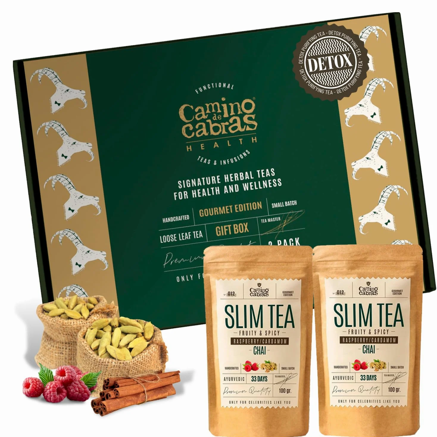 Tisane Confezione Regalo - Te Chai Masala Speziato - Energizzante, Detox - Tè Nero, Curcuma, Zenzero, Pepe Nero, Cannella, Lamponi, Cardamomo - Box 2x 100g - Perfetto per Chai Latte