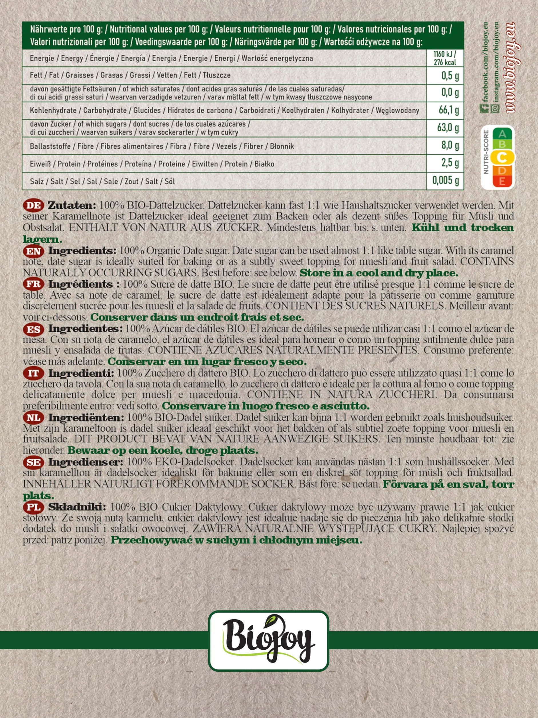 Biojoy Zucchero di datteri BIO (2 kg), non raffinato, naturale e senza additivi (Phoenix Dactylifera)