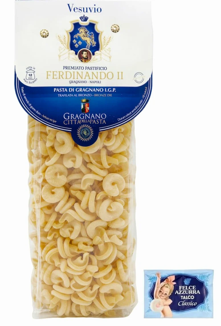 Confezione da 12 Pastificio Ferdinando II Pasta di Gragnano I.G.P. Vesuvio,Pasta di semola di grano duro 500g + 1 Busta di Talco Felce Azzurra in omaggio da 100g
