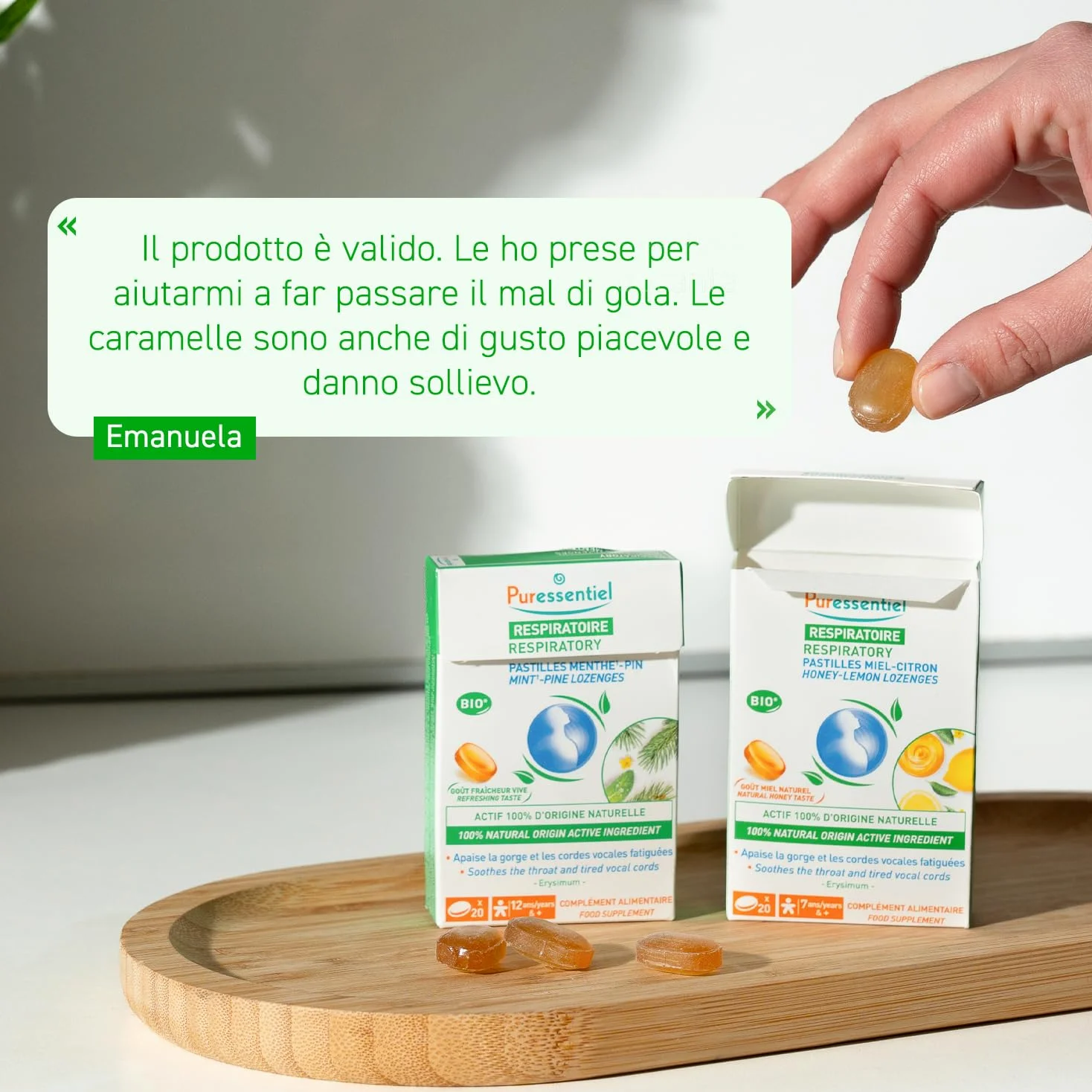 Puressentiel - Respirazione Pastiglie Gola Voce Menta Pino – All'Estratto di Erisimo – Procurano un effeto balsamico – Aiutano a liberare il naso – Dai 12 anni – 20 Pastiglie