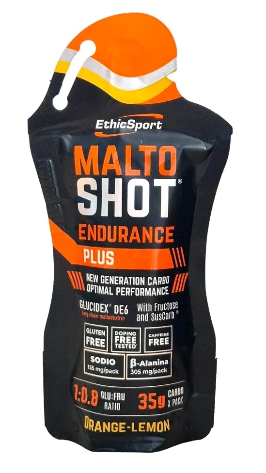 EthicSport - Maltoshot Endurance Plus - Confezione da 15 x 50 ml - Gusto: Orange - Lemon - Prodotto energetico specifico per endurance con 5 diversi carboidrati sequenziali e senza caffeina