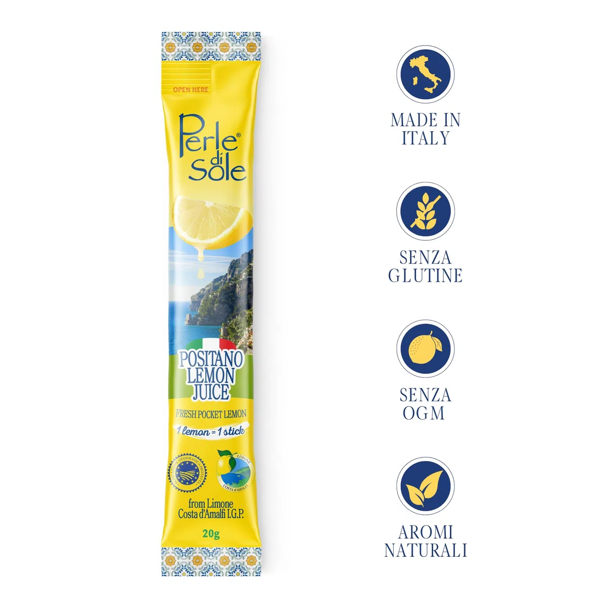 Perle di Sole – Positano Lemon Juice in Stick, 14 Astucci da 20 ml – Vero Succo di Limone Costa d’Amalfi I.G.P. 100% Italiano – Pratico e Naturale, Made in Italy