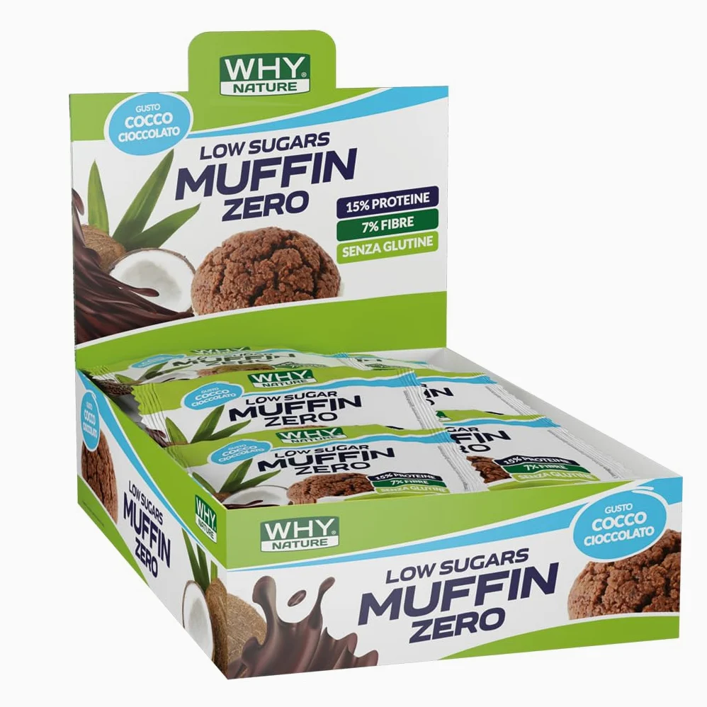 WHY NATURE LOW SUGAR MUFFIN ZERO - Muffin Proteici Senza Glutine - Snack Proteici Gusto Cocco e Cioccolato - Box da 16 Pezzi - 27 gr
