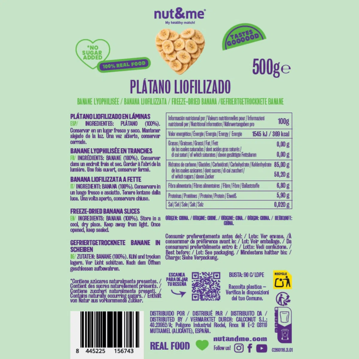 nut&me Banane Liofilizzate 500 g | Frutta Liofilizzata Senza Additivi, Conservanti né Glutine | Alto in Fibre e Fonte Rapida di Energia | Frutta essiccata croccante con sacchetto richiudibile