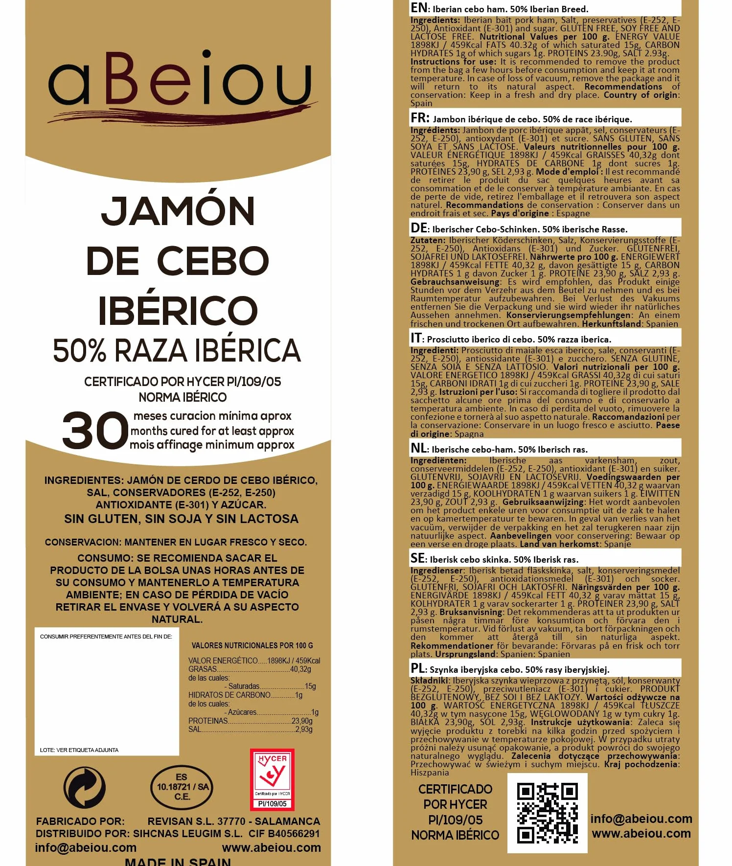 Prosciutto Iberico Intero con Osso 7,5–8 kg — Stagionatura +30 Mesi — Cert. Hycer — Guijuelo Spagnolo — Jamón Ibérico — aBeiou