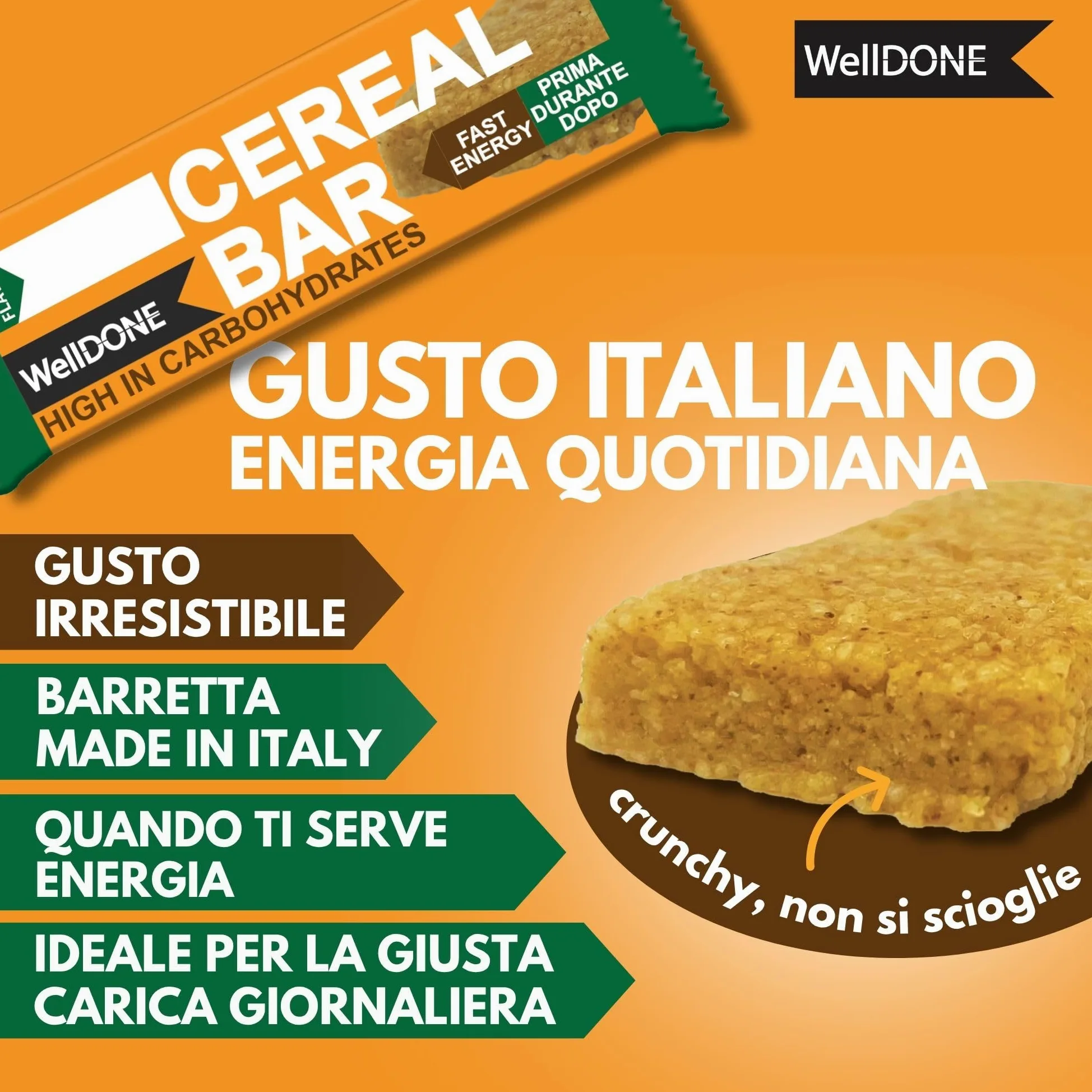 WellDONE, Cereal Crunch Bar Gusto Miele, Barrette Energetiche Made in Italy, Alto Contenuto di Carboidrati, Snack Goloso Anche per Intolleranti al Lattosio, 30 Barrette da 40g
