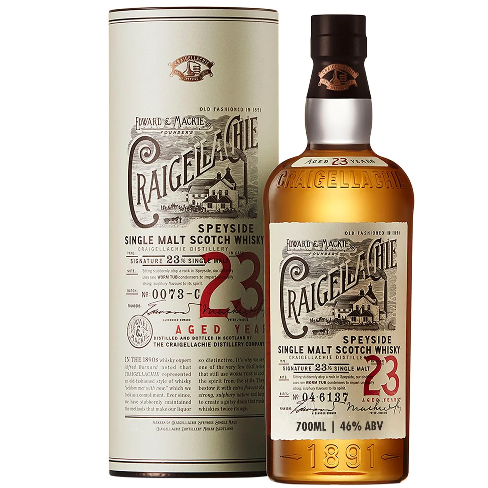 CRAIGELLACHIE 23 Anni Speyside Single Malt Scotch Whisky, 46% vol., 70 cl – Tubo Regalo, Botti di primo riempimento Sherry e Bourbon, Non filtrato a freddo, Edizione da collezione
