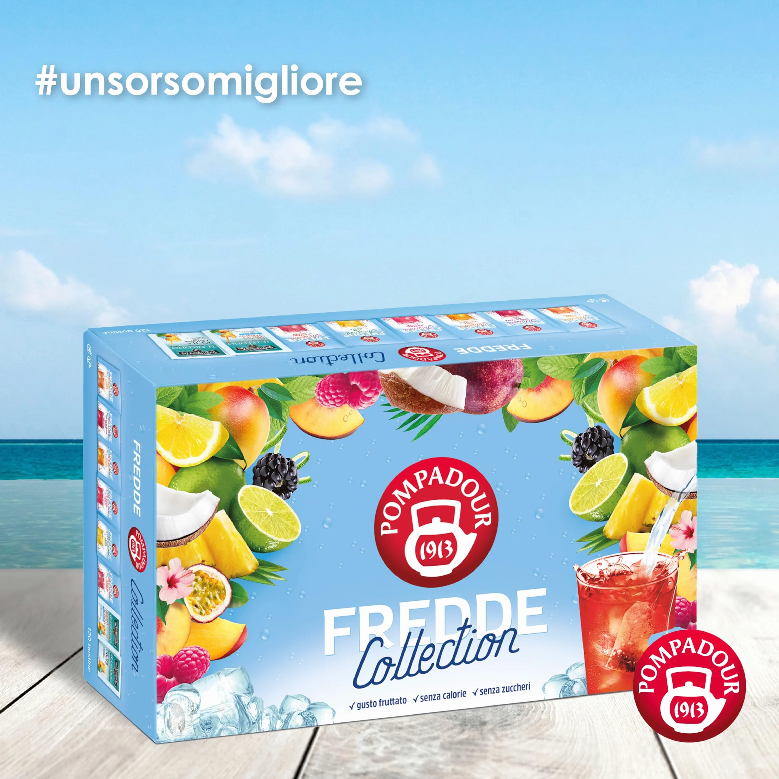 Pompadour, Box Infusi e Tè Freddi 15 Bustine x 8, Karkadè Cocco, Lime Menta, Lampone Limone, Pesca Maracuja, Frutti di Bosco e Menta, Mango Ananas, Ice Tea Limone, Ice Tea Pesca Mango