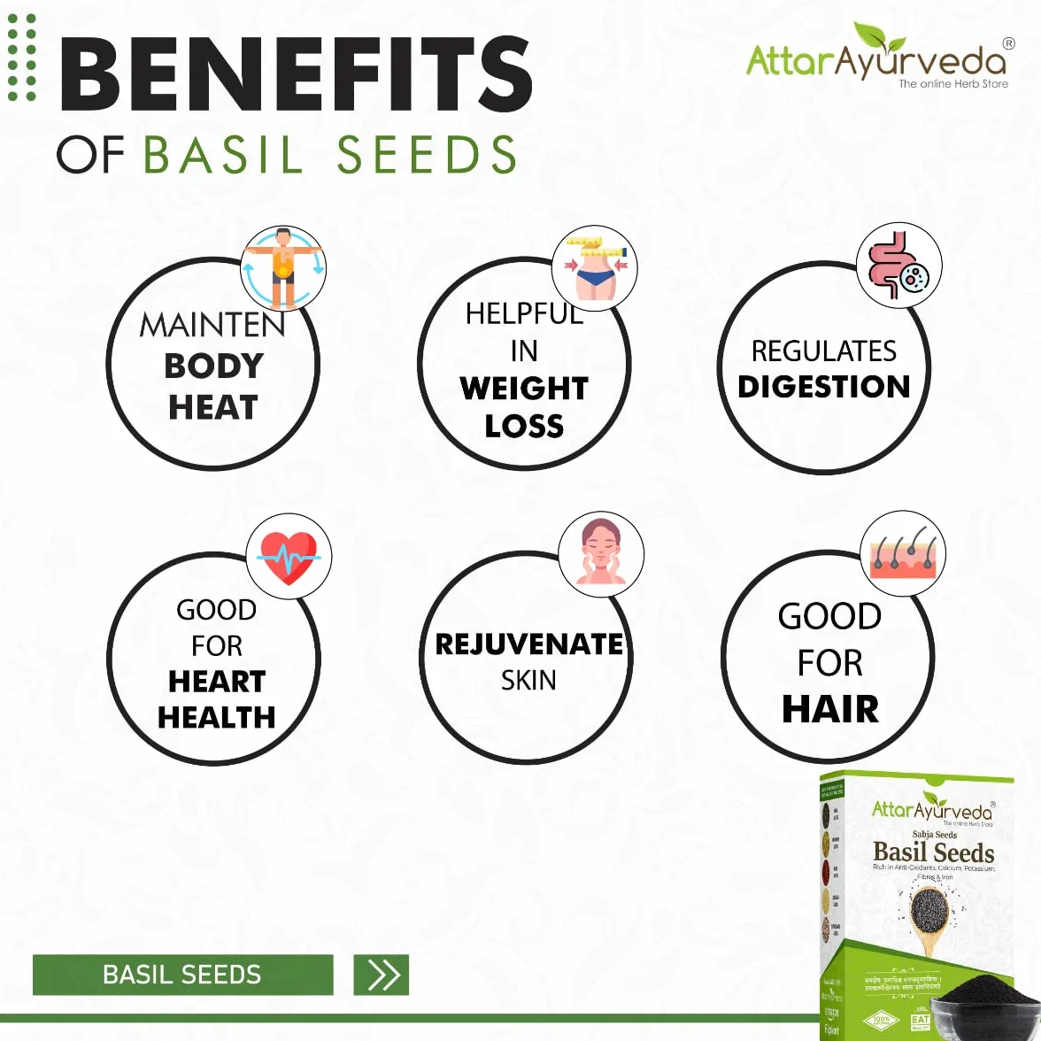 Attar Ayurveda Sabja Basil Seeds Rich in Protein, Fiber, Vitamins & Minerals Reduces Body Heat 100% Pure and Natural No Preservative Vegan Friendly Non-GMO 500gm