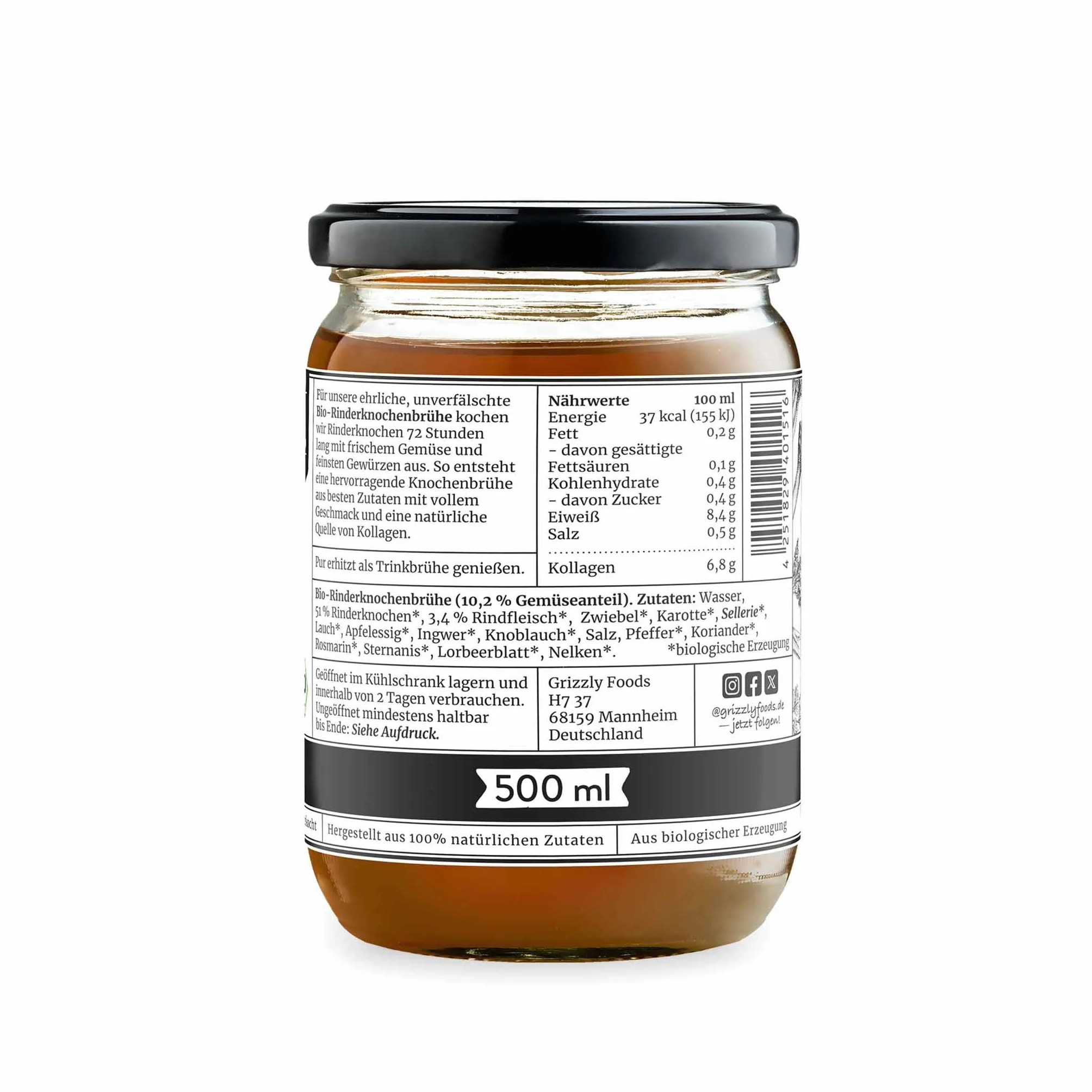 Grizzly Foods Brodo di ossa di manzo biologico (6 x 500 ml) - 25 g di collagene per bicchiere - Cotto per 72 ore - 100% naturale - Senza zucchero, senza additivi - Nutrienti preziosi - Bone Broth
