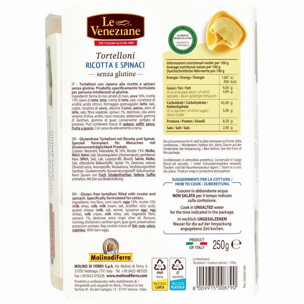 LE VENEZIANE TORTELLINI RICOTTA E SPINACI SENZA GLUTINE, GLUTEN FREE - 6 PEZZI DA 250G (TOT. 1500 GR.)