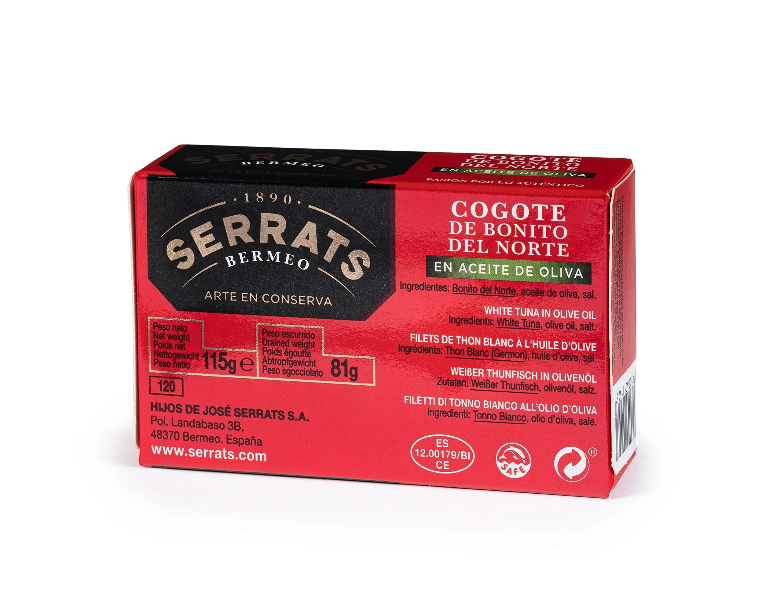 CONSERVAS SERRATS - Nuca di Tonno Bianco del Cantabrico in Olio d'Oliva - 12 Lattine x 115g (Totale: 1380g) - Parte Superiore del Lombo - Texture Morbida - Lavorazione Artigianale Tradizionale