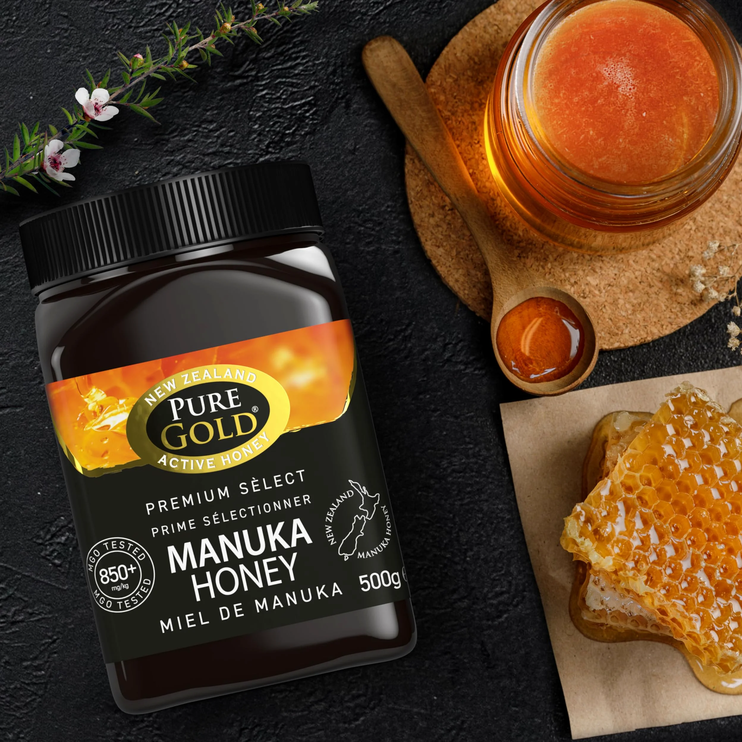 Pure Gold Miele di Manuka Selezionato Premium 850+ MGO 500G, miele dalla Nuova Zelanda, certificato MBO e secondo gli standard MPI