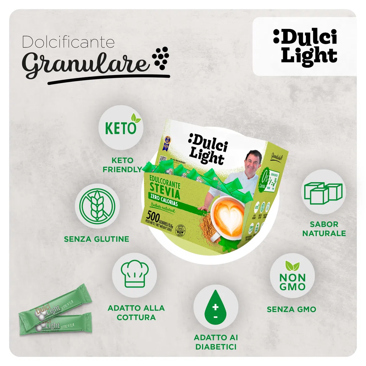 Dulcilight Dolcificante Stevia Zero 500 Bustine Sapore Naturale 100% | 1gr = 10gr di zucchero | Senza Glutine Keto Vegan Non OGM Zero Calorie | Senza Xilitolo o Eritritolo