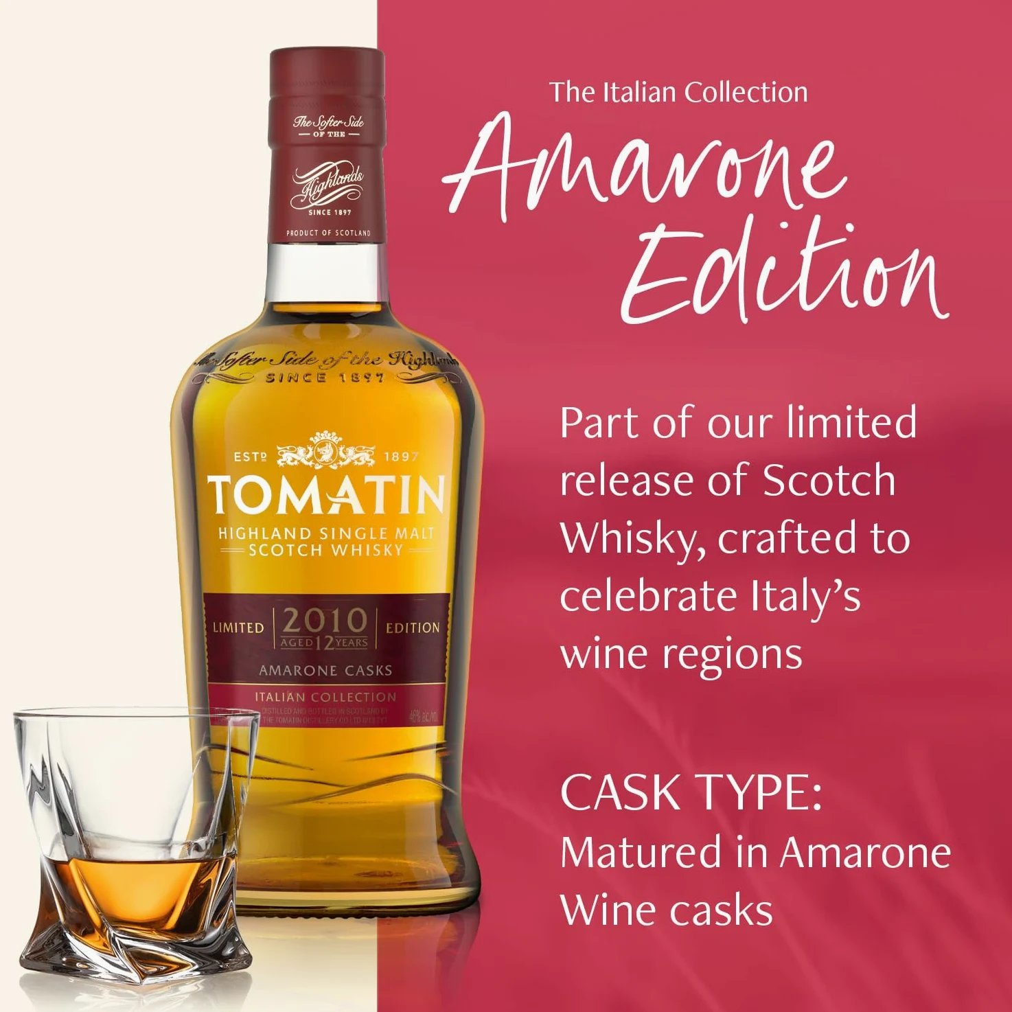Tomatin Italian Collection Amarone Whiskey - Highland Single Malt Scotch Whisky Maturato in Botti di Amarone e Bourbon, 46%, Bottiglia in Vetro da 70cl