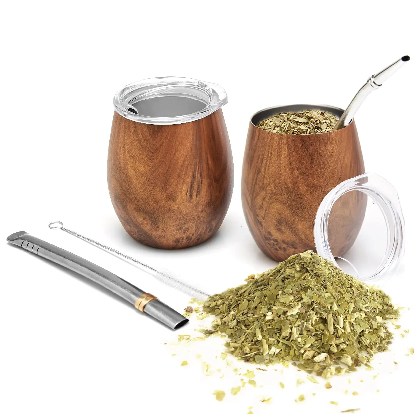 BALIBETOV Mate Argentino - Doppio Set Yerba Mate in Acciaio Inossidabile (5 pcs. Set) - Compreso 2 Tazza Mate, 2 Bombilla per Mate (Yerba Mate cannuccia) e Spazzola per la Pulizia (Legna)