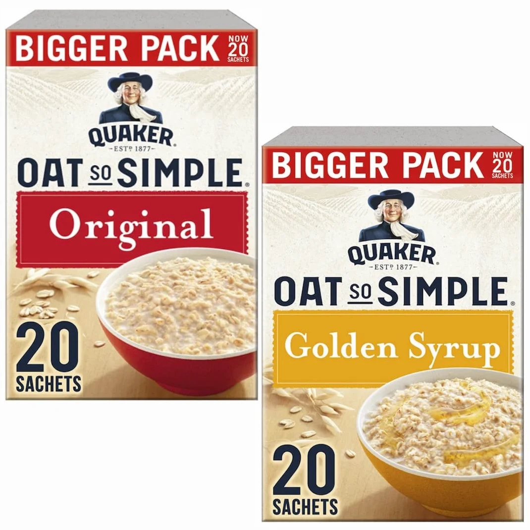 Cleverry set con Quaker Oat So Simple Farina D'Avena Porridge Originale 20 buste x 27g e Golden Syrup 20 buste x 36g – Oatmeal per una deliziosa colazione