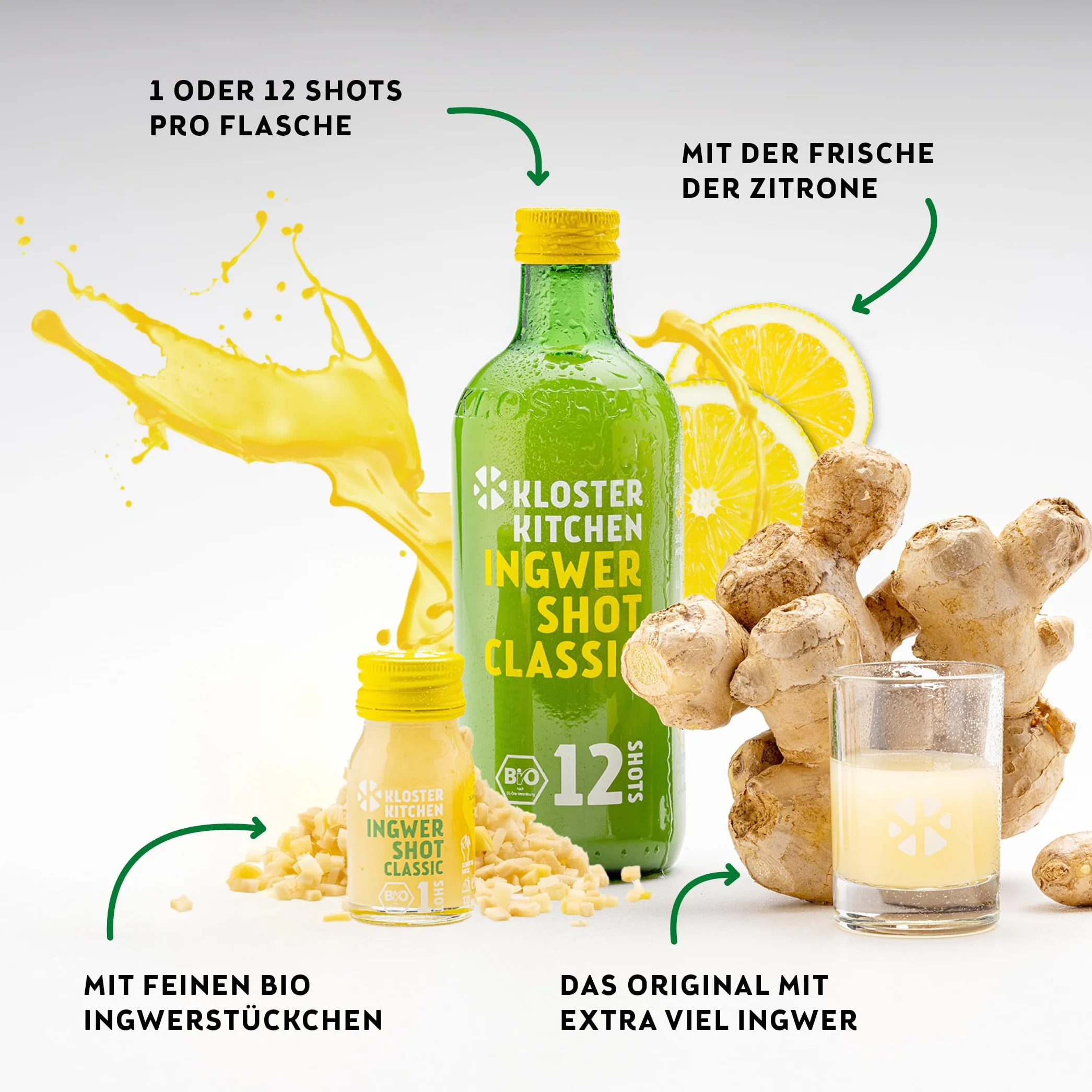 Kloster Kitchen Organic Ginger Shot Tasting Set L I 5 gusti 5x 360 ml + 5x 30 ml I Set regalo Ginger Shot vegan I dolce e piccante & con dolcezza naturale (incl. 1,25€ di deposito)