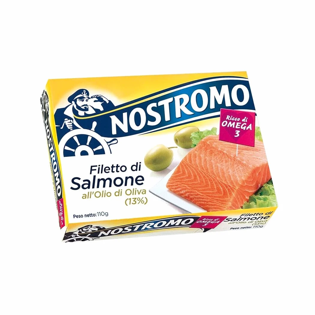 5x Nostromo Filetto di Salmone Olio di Oliva,Pesce in Scatola,Lattina da 110g + 1 Confezione di Talco Felce Azzurra in omaggio, Busta da 100g