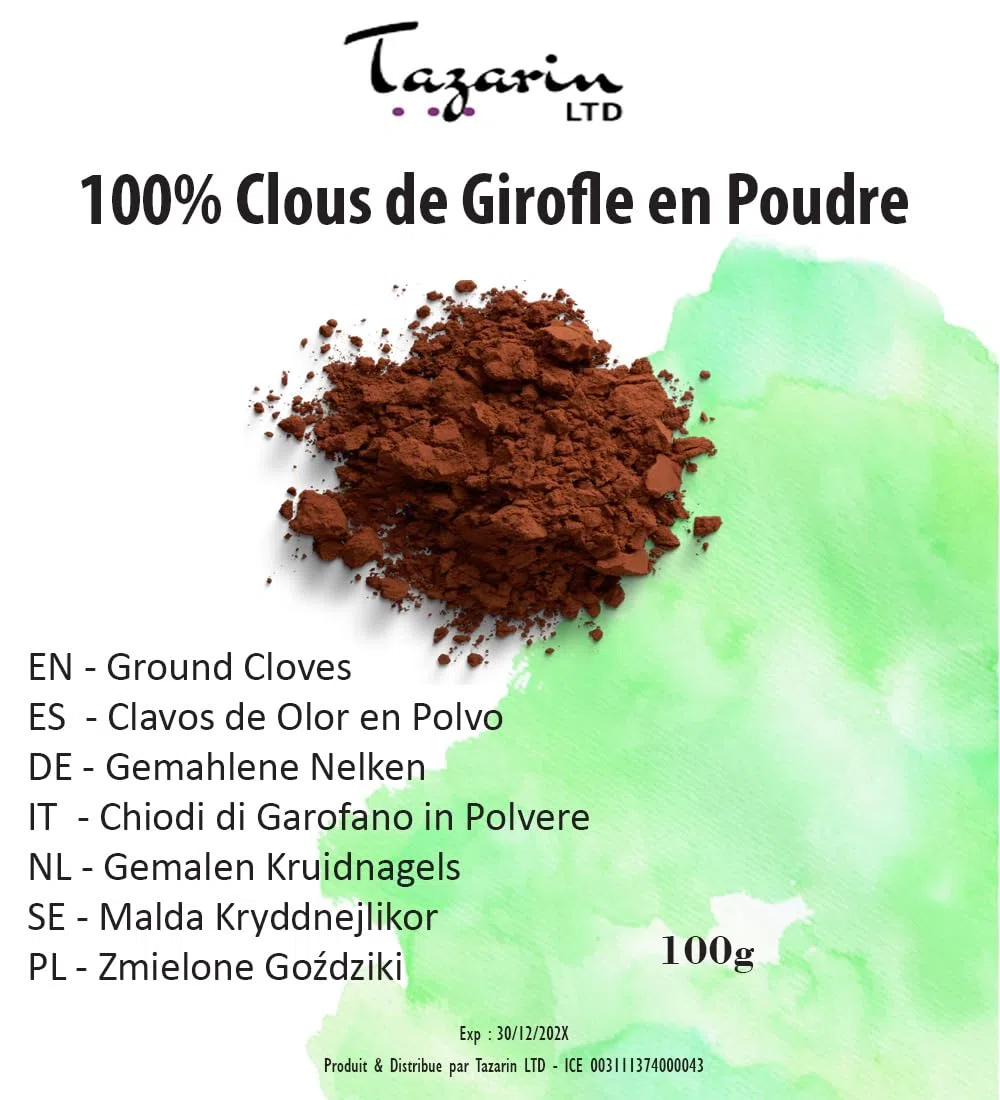 100g di Chiodi di Garofano in Polvere - Chiodi di Garofano Macinati - Syzygium Aromaticum - Aroma e Gusto Intenso - Bustina con Zip - 100% Naturale, Puro e Senza Additivi | TazarinLtd