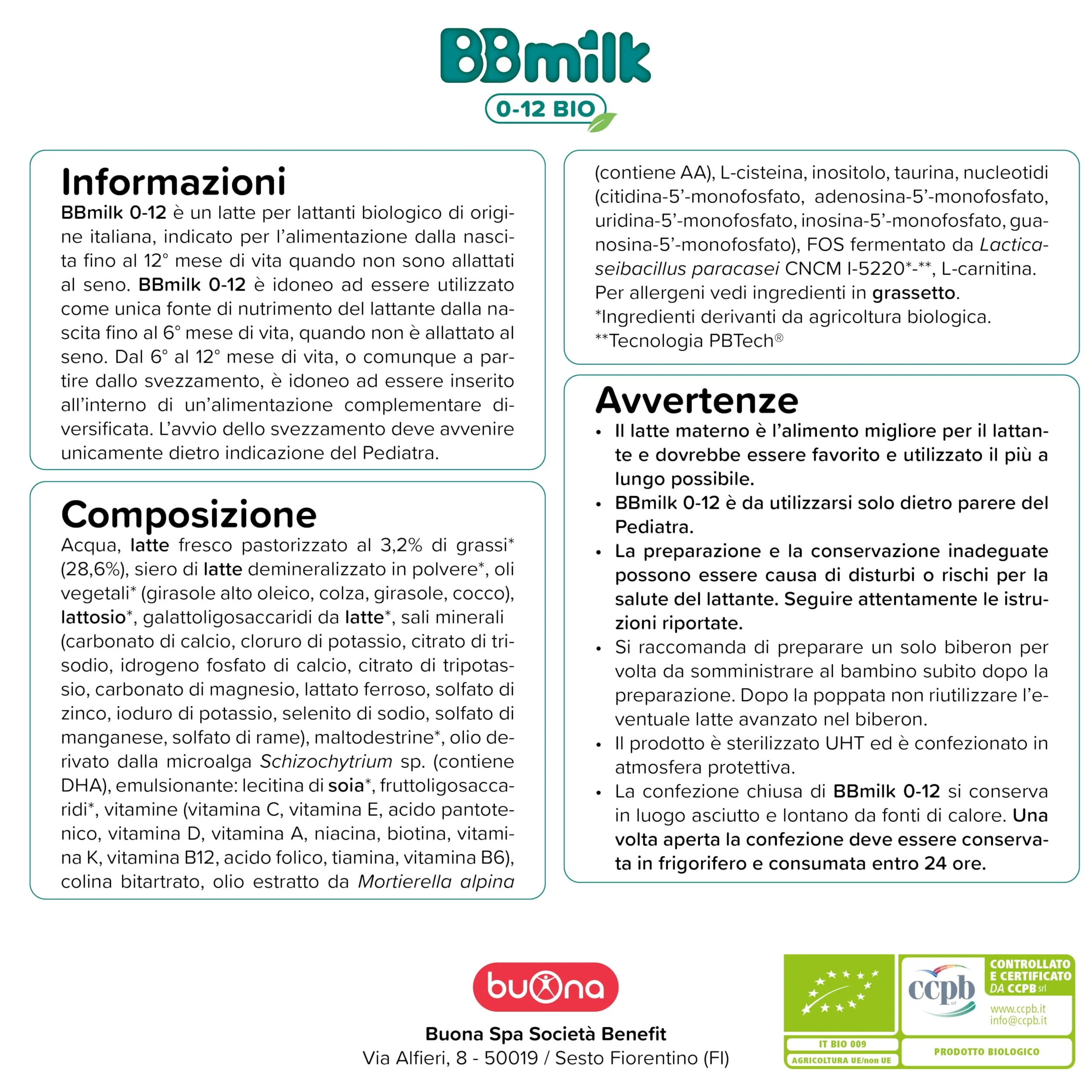 Buona BBmilk 0-12 Liquido, Latte Bio per Neonati 12x500ml, Indicato dalla Nascita fino ai 12 mesi, Qualora l’Allattamento non è Possibile o Sufficiente, Latte per Neonati Liquido Made in Italy