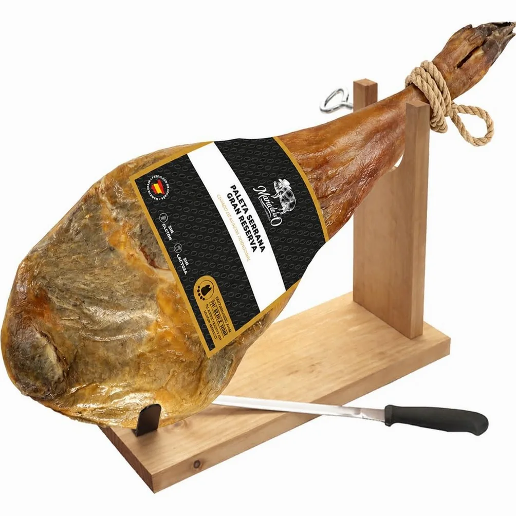 Spalla di Prosciutto Serrano Gran Reserva Spagnolo 4–5 kg con supporto e coltello | Jamon Serrano stagionato 12+ mesi (Paleta Serrana) | Senza additivi | Certificato UE (ETG) | Prodotto in Spagna