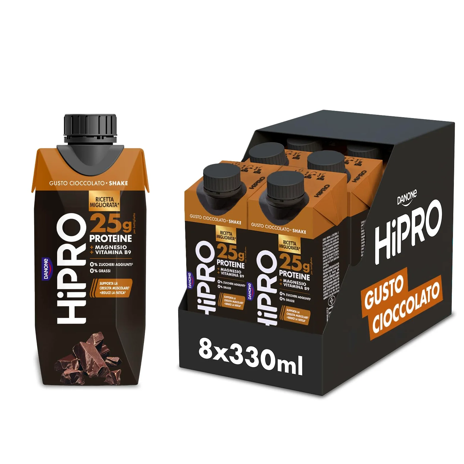 HiPRO Drink 25g di PROTEINE, Bevanda Proteica al gusto Cioccolato,Senza Lattosio, Senza Grassi e Zuccheri Aggiunti (8 confezioni x 330ml)