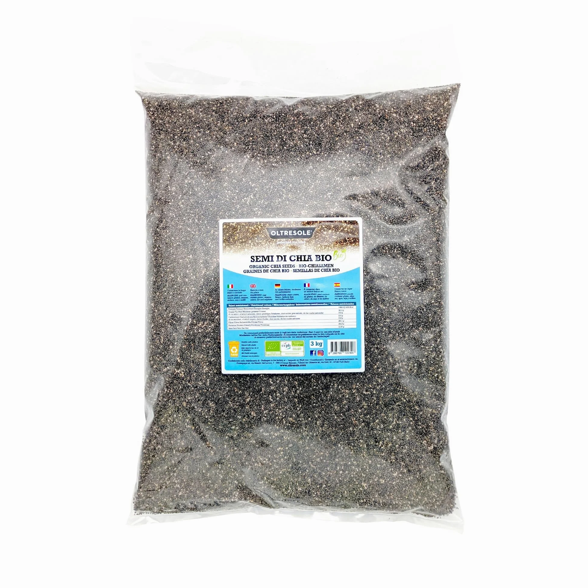Oltresole | Semi di Chia Biologici - 3 Kg | Semi Chia Bio, Superfood Ricco di Proteine e Fibre, Senza Additivi | Ideali per Muesli, Insalate e Prodotti da Forno | Formato Famiglia