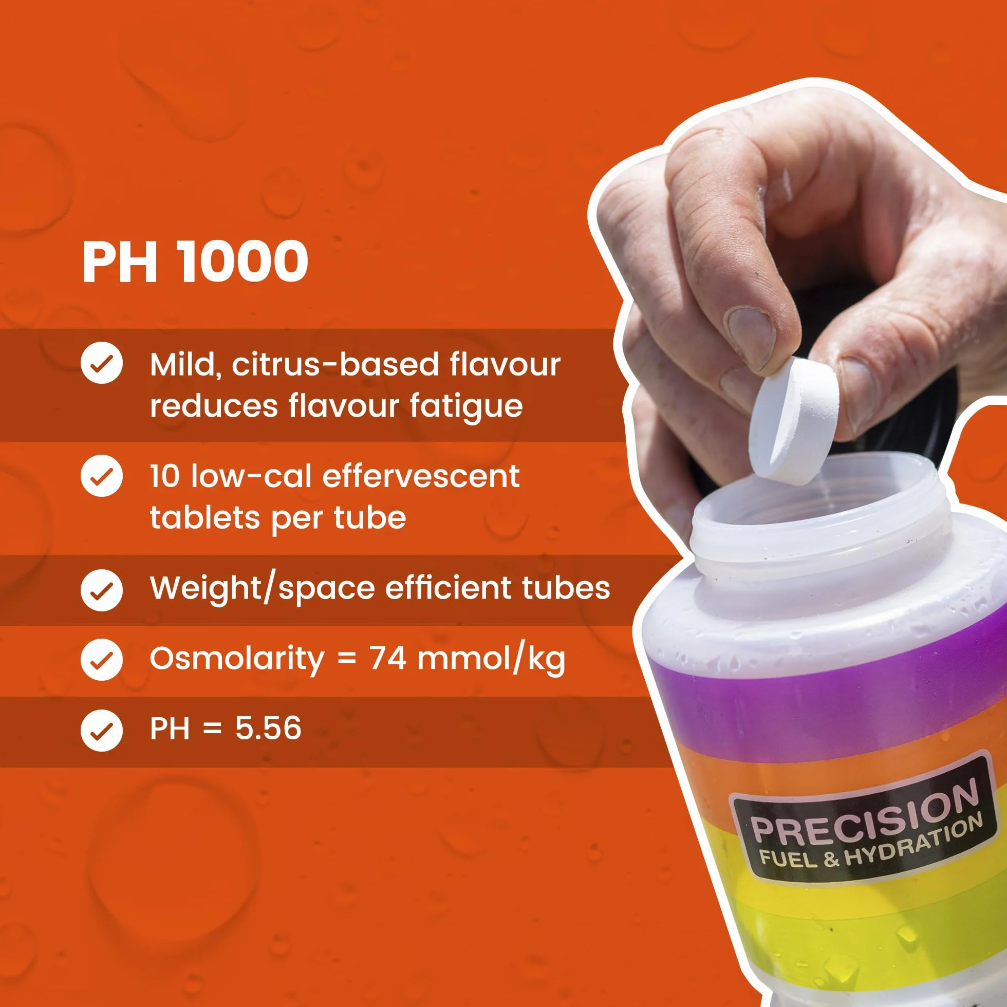 Precision Hydration Compresse Effervescenti - Elettroliti per Crampi - Basso Calorico, Senza Glutine, Vegano (12 Tube, 1000mg/L - Tubo Arancione)