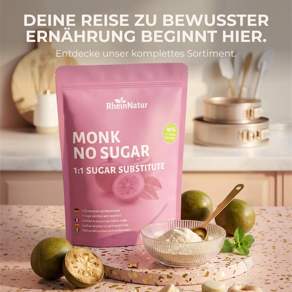 RheinNatur Sostituto dello zucchero a base di frutto del monaco 1 kg - Sostituto 1:1 dello zucchero a base di frutto del monaco ed eritritolo - Confezione da 1000 g