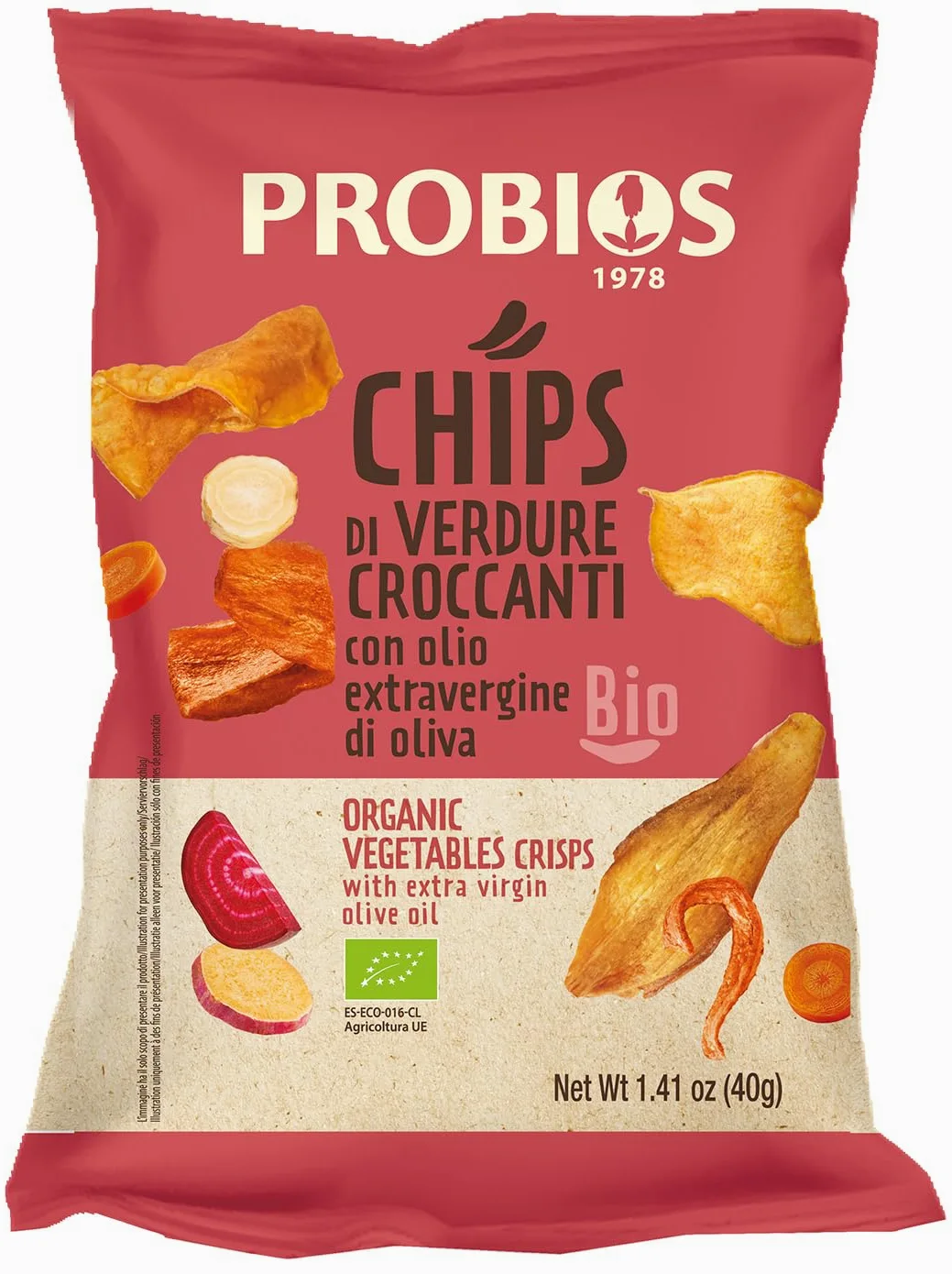 Probios Chips di Verdure Croccanti Biologiche - deliziose e patatine senza glutine fritte in olio extravergine di oliva - ideale spuntino croccante - Confezione da 25 x 40g