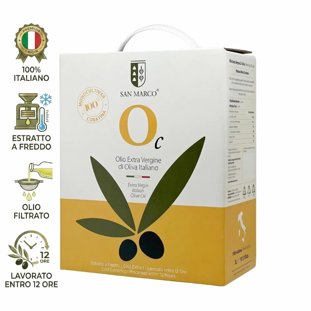 San Marco - Olio Extravergine di Oliva 100% Italiano - Estratto a Freddo - Olio EVO di Categoria Superiore Monocultivar Coratina – Bag in box da 3 litri