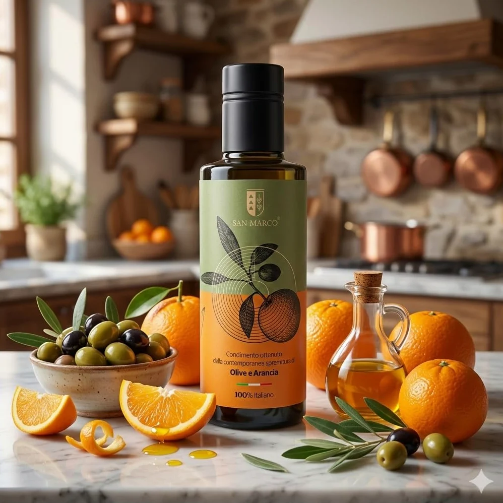 San Marco - Olio extra vergine di oliva all'arancia. Condimento artigianale di arance e olive- bottiglia vetro scuro 250 ml. - 100% italiano – Ideale sul pesce crudo e in pasticceria
