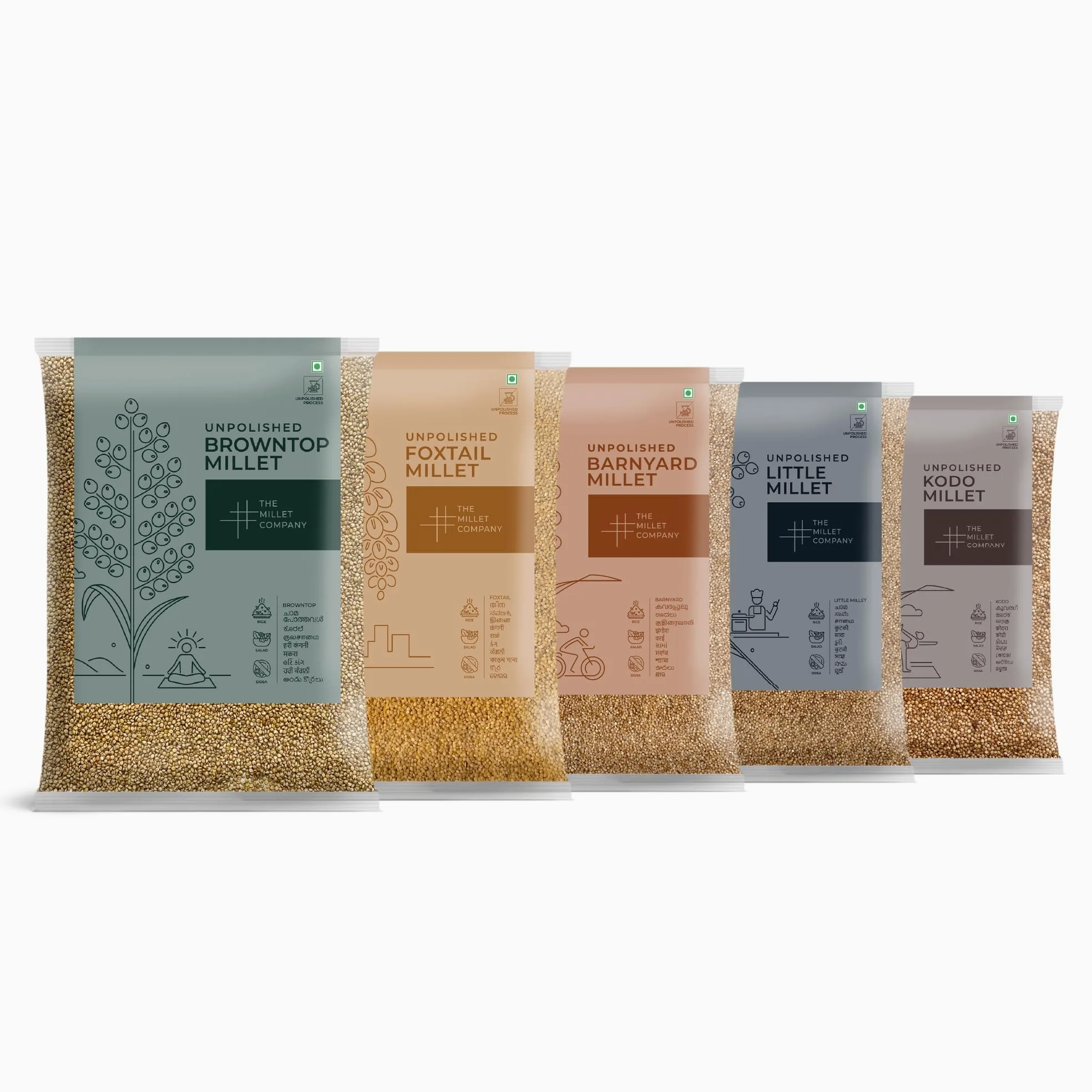 THE MILLET COMPANY Confezione combinata da 500 g non lucidata da 5, Browntop, Foxtail, Kodo, Barnyard e Little Millet [2,5 kg in totale], prodotti agricoli naturali, miglio ad alto contenuto di fibre