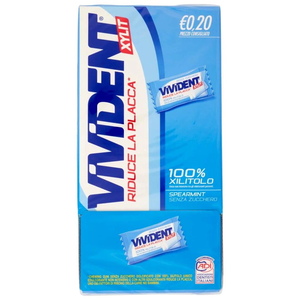 Vivident Xylit, Chewing Gum, Gusto Menta, Senza Zucchero, Senza Glutine, Confezione da 200 Gomme da Masticare Ripiene Monoporzione, Incartate Singolarmente,da Condividere, Feste, Compleanni