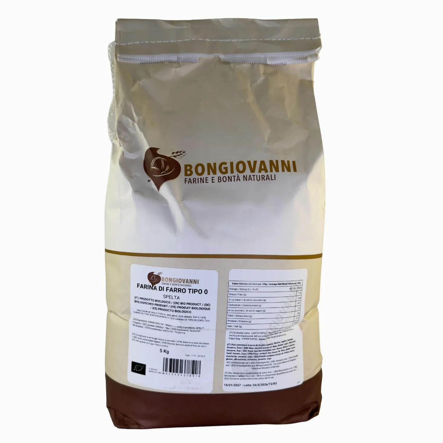 BONGIOVANNI Farine e Bontà Naturali Farina di Farro Spelta Tipo 0 Bio 5 kg – Gusto Delicato e Leggermente Nocciolato