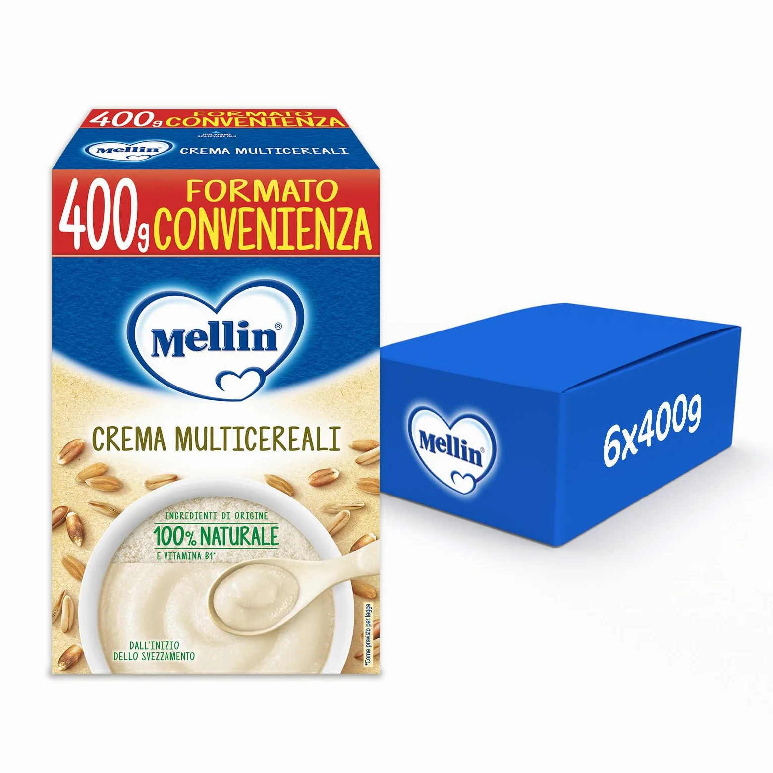 Mellin - Crema Multicereali - Alimento con Vitamina B1, per Bambini dal 4° Mese Compiuto - 6 Confezioni da 400gr (Totale 2400gr)
