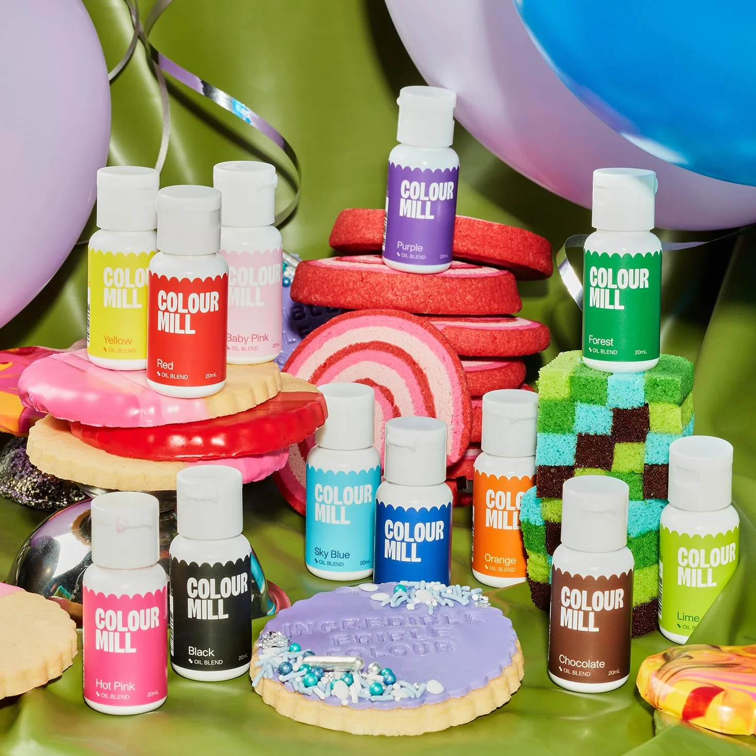 Colour Mill Oil Blend Food Colouring Set Kickstarter - Next Generation Food Colours: Yellow, Orange, Red, Hot Pink, Baby Pink, Purple, Blac, Chocolate, Forest, Lime, Sky Blue, Royal - Set 12 x 20 ml