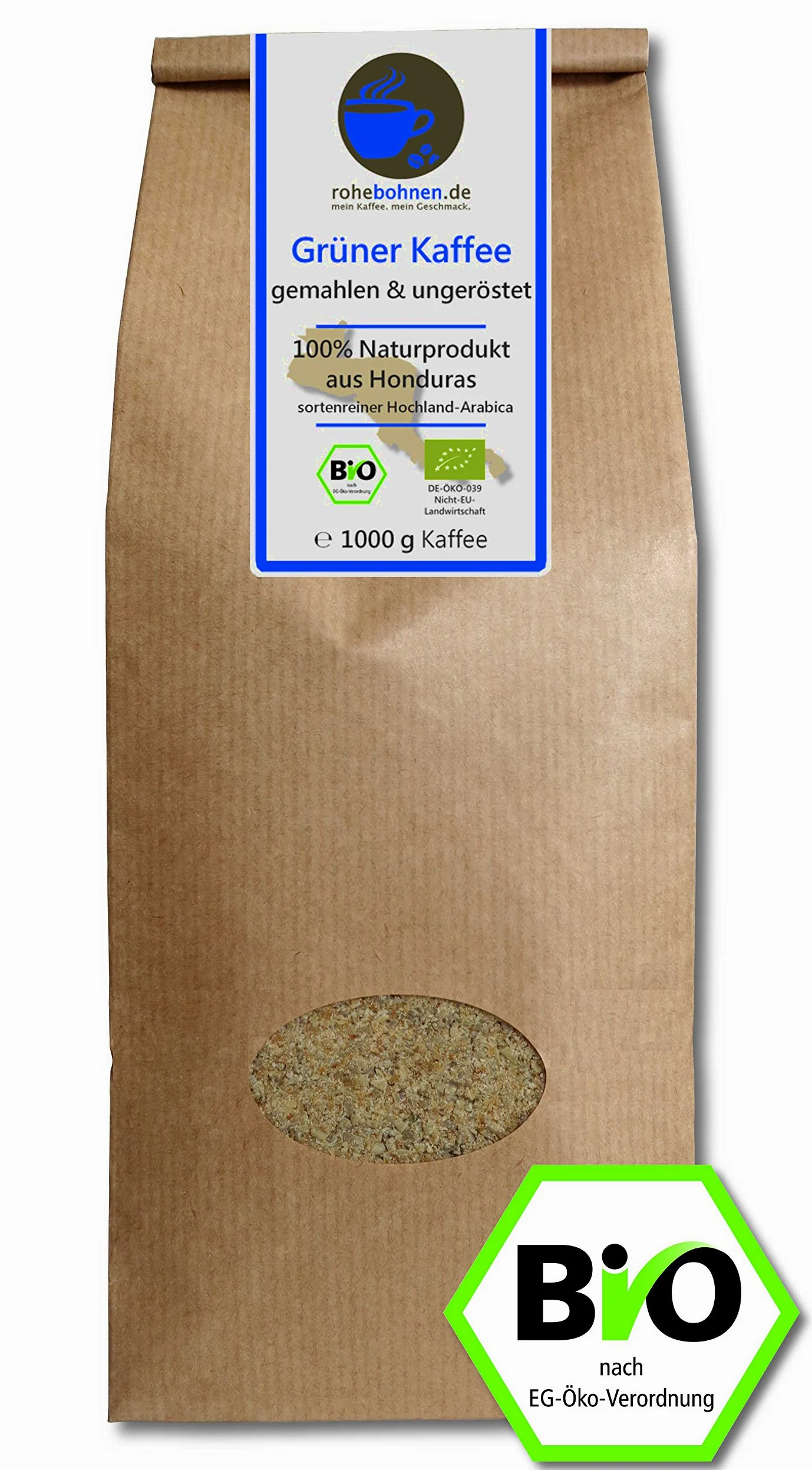 Polvere di caffè verde biologico per la perdita di peso/dieta - 100% Arabica naturale Honduras Highland (1000g macinato e non tostato) - Certificato GMP