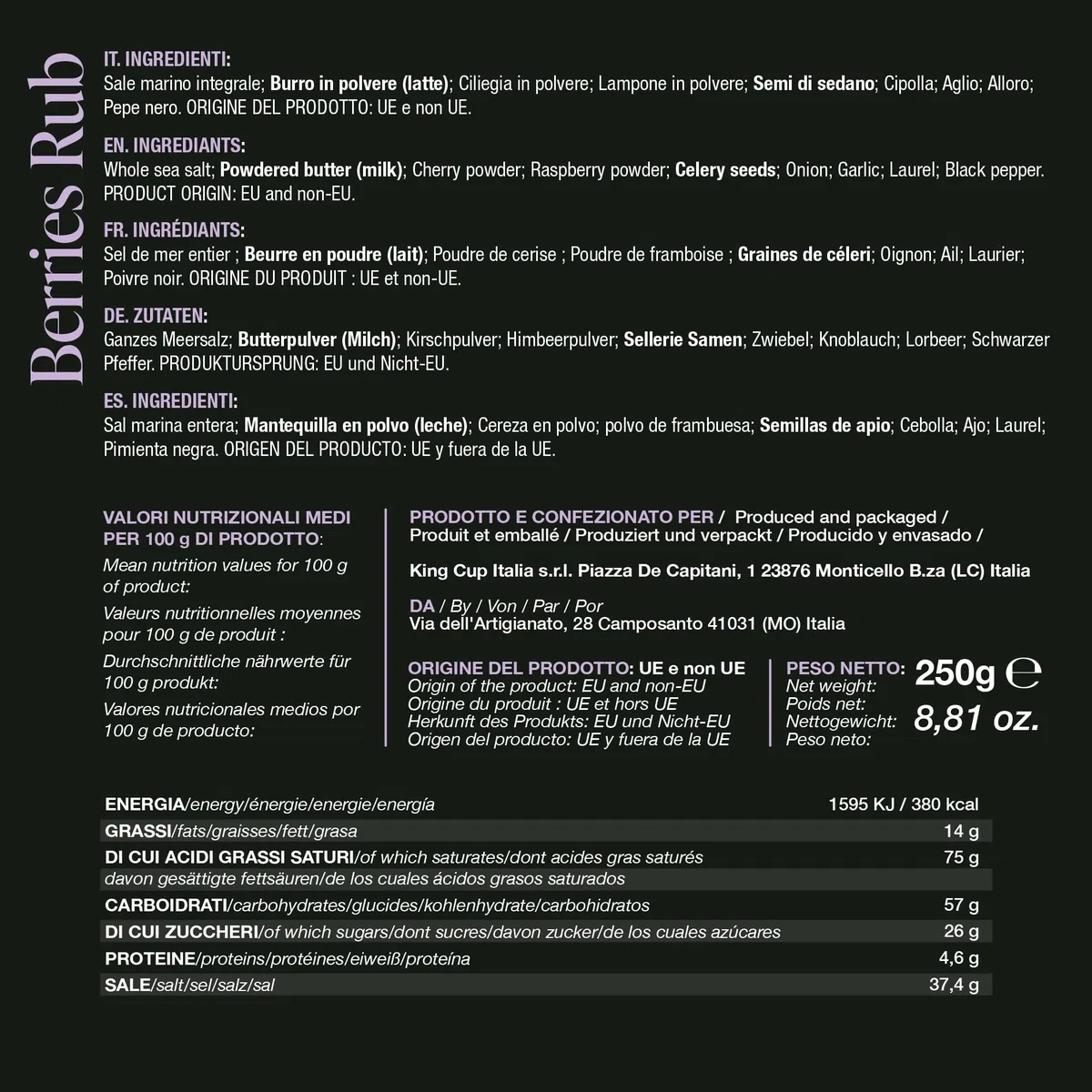 BBQ KING - Berries Rub Confezione da 250 Gr, Dry Rub Bbq per Manzo Ideale per Barbecue e Grill, Set Spezie Cucina 100% Made in Italy, Miscela di Spezie per Carni Bianche (Pollo, Maiale, Coniglio)