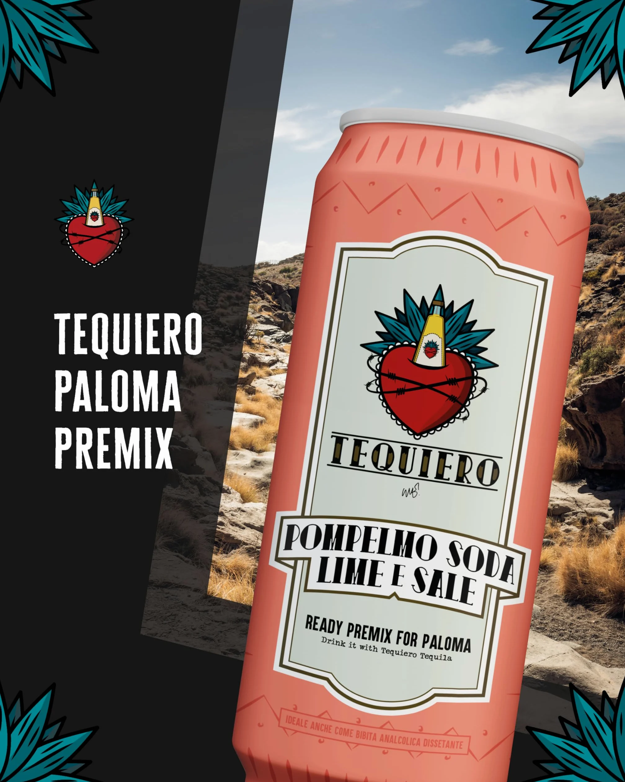 Tequiero Soda Pompelmo, Lime e Sale. Tequiero Paloma Premix. Bevanda agrumata con pompelmo rosa. Analcolico. Note fresche e floreali. Lattina da 250ml - Pack da 24 lattine.