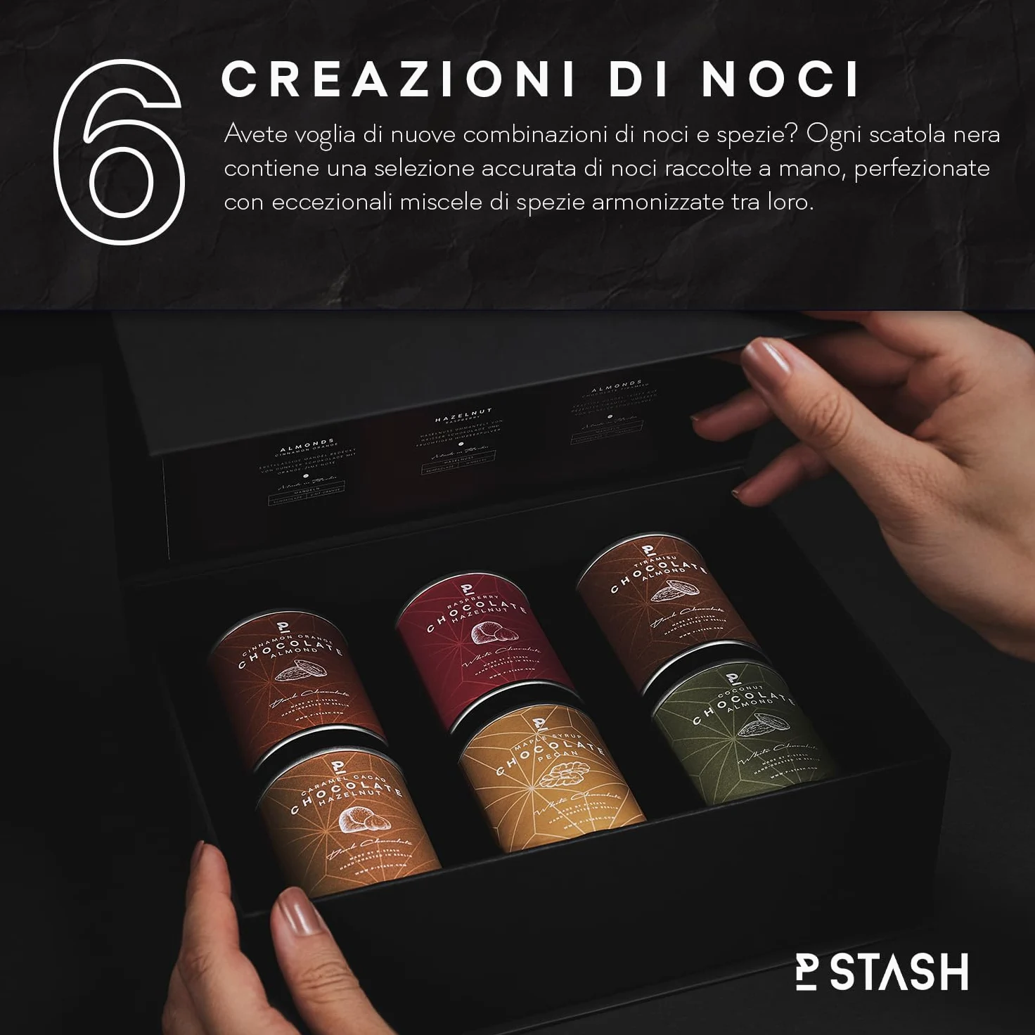 P-Stash Black Box Mix di Noci Chocolate Dream – Confezione da 6 – Pecan, Nocciole & Mandorle – Noci al cioccolato con spezie uniche, tostate a mano a Berlino