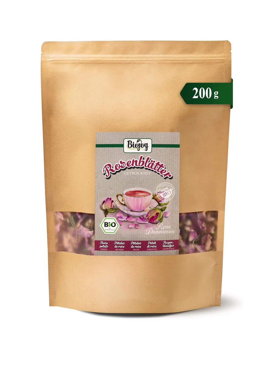 Biojoy Petali di Rosa Essiccati BIO (200 g), commestibili e naturali, adatti per infusi (Rosa Damascena)