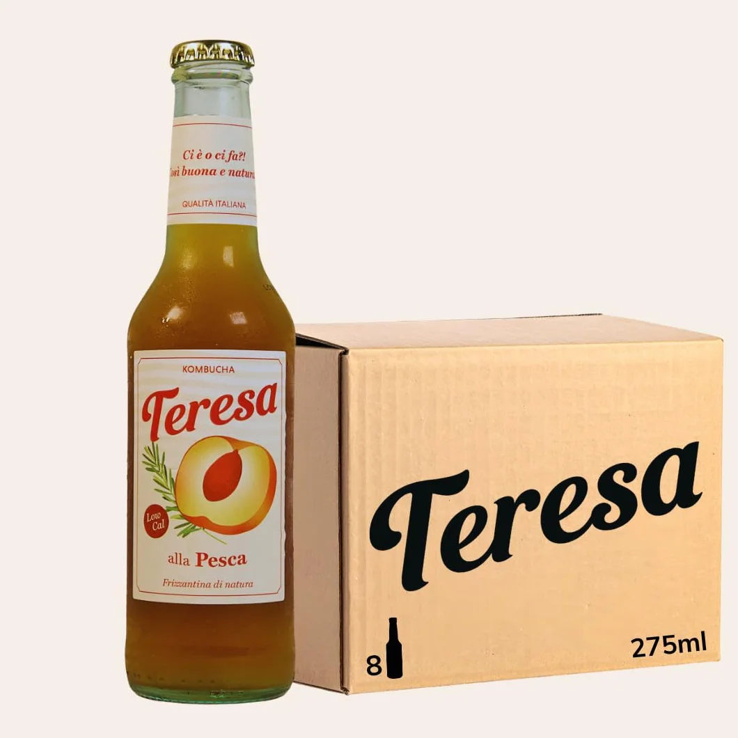 Teresa alla Pesca | Thè kombucha analcolico, naturale con postbiotici. Bevanda low calorie, low sugar e vegana. Confezione 8 bottiglie x 275ml.