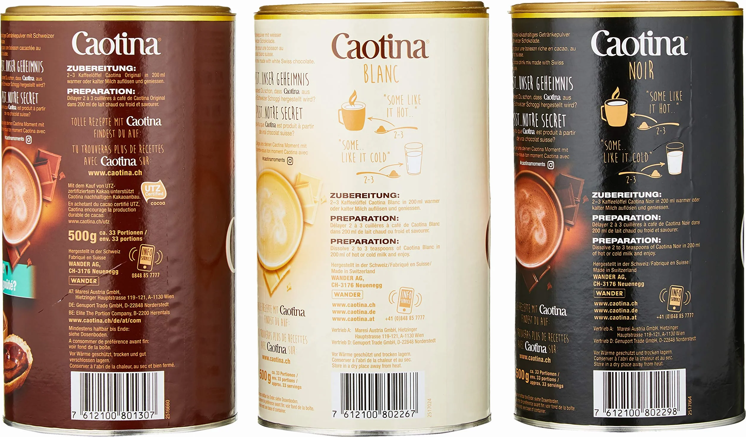 Caotina Original, Noir, Blanc, Cacao in Polvere con Cioccolata Svizzera, Bevande Calde, 3 x 500g