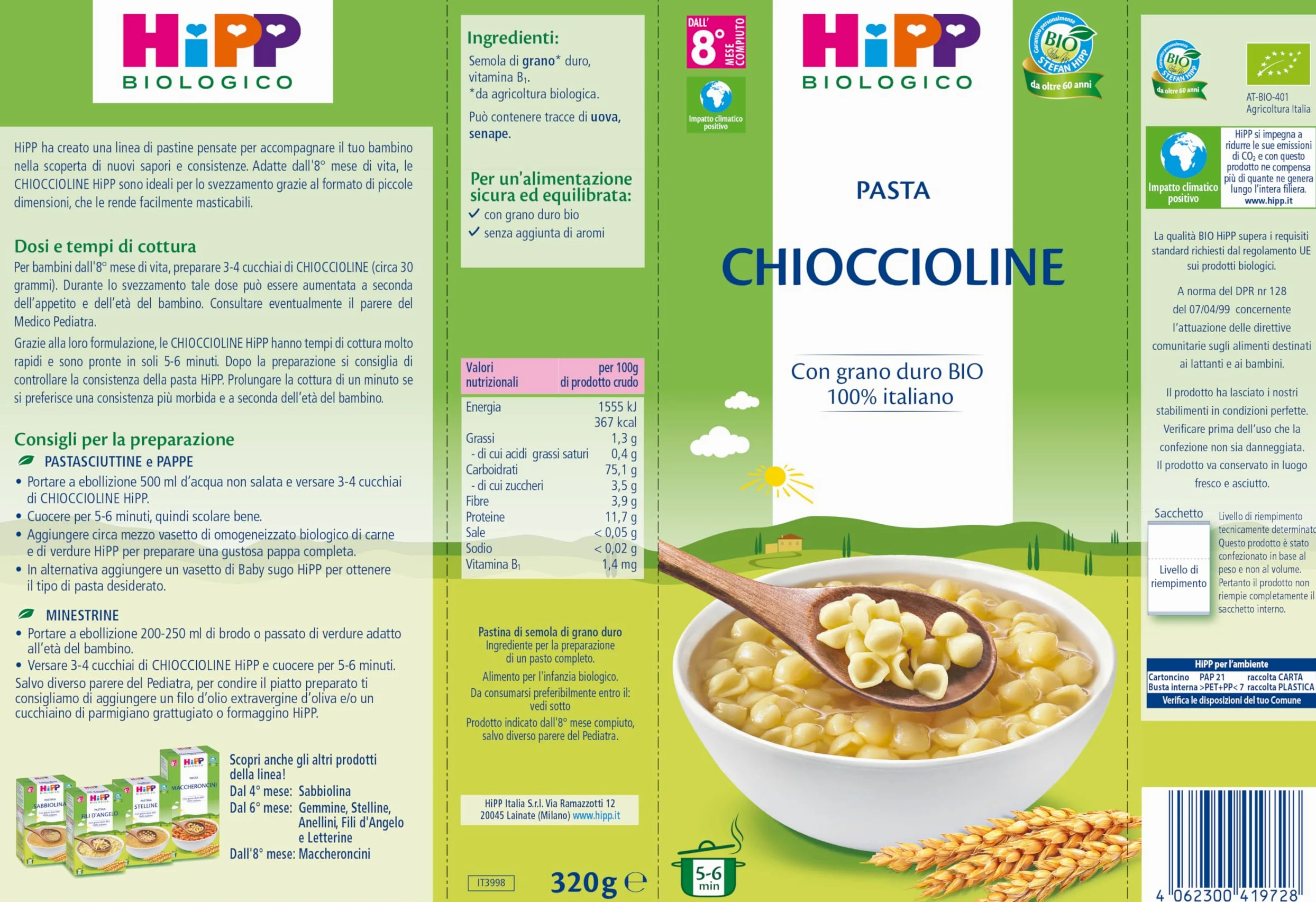 HiPP - Pastina per Svezzamento a Forma di Chioccioline, con Grano Duro Biologico 100% Italiano, 12 Confezioni 320 gr