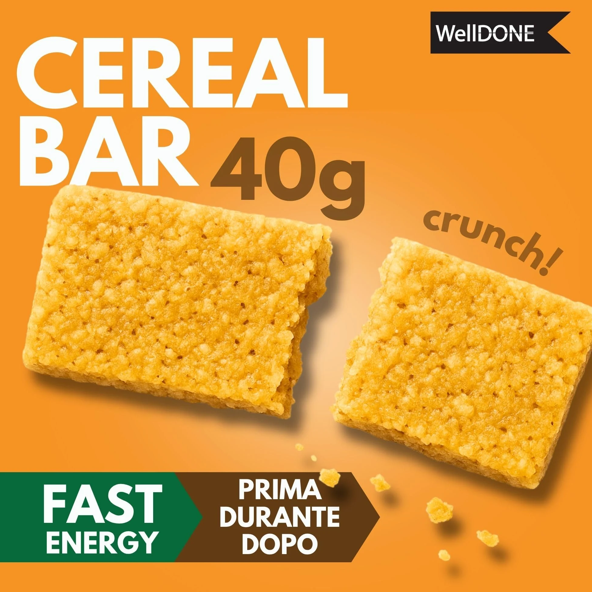 WellDONE, Cereal Crunch Bar Gusto Miele, Barrette Energetiche Made in Italy, Alto Contenuto di Carboidrati, Snack Goloso Anche per Intolleranti al Lattosio, 30 Barrette da 40g