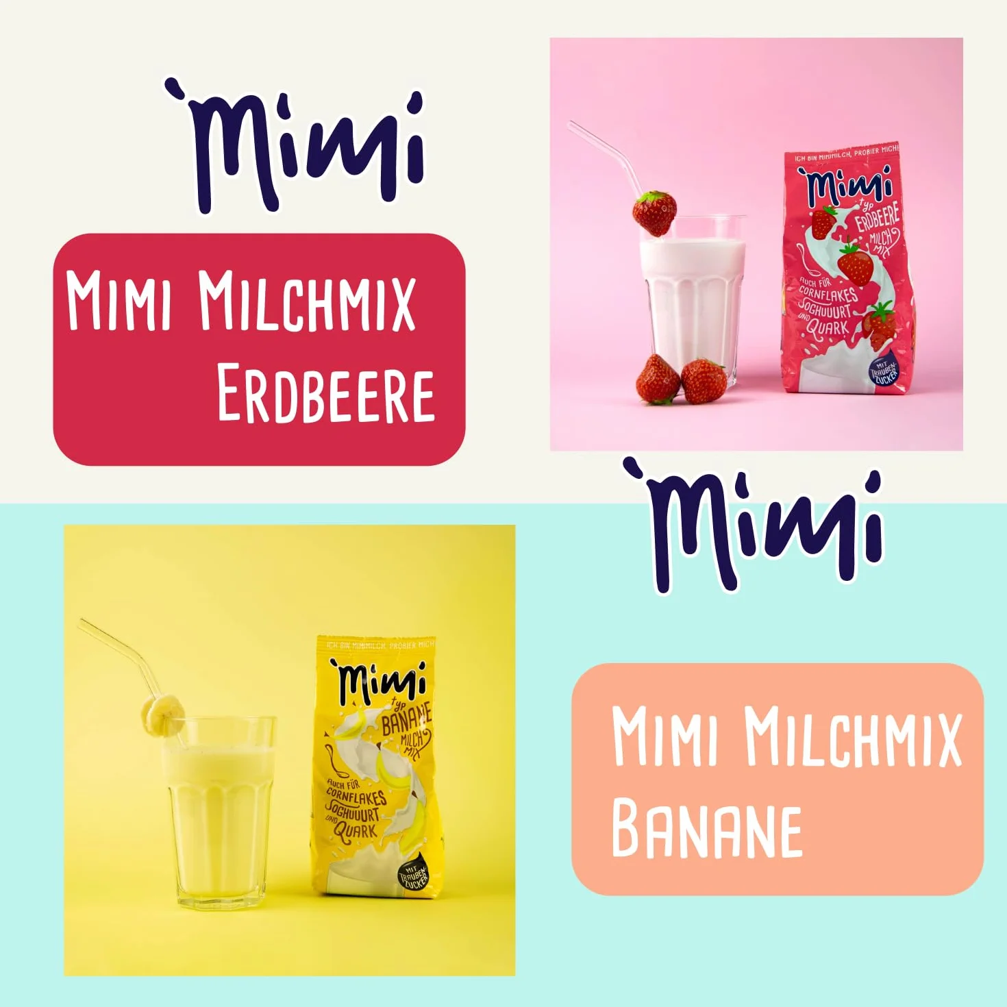 Mimi, confezione da 8 pezzi, mix di latte e bevande in polvere (2 confezioni da 400 g), banana, fragola, mango, vaniglia, confezione conveniente, ideale per il tempo libero, la scuola o per andare in