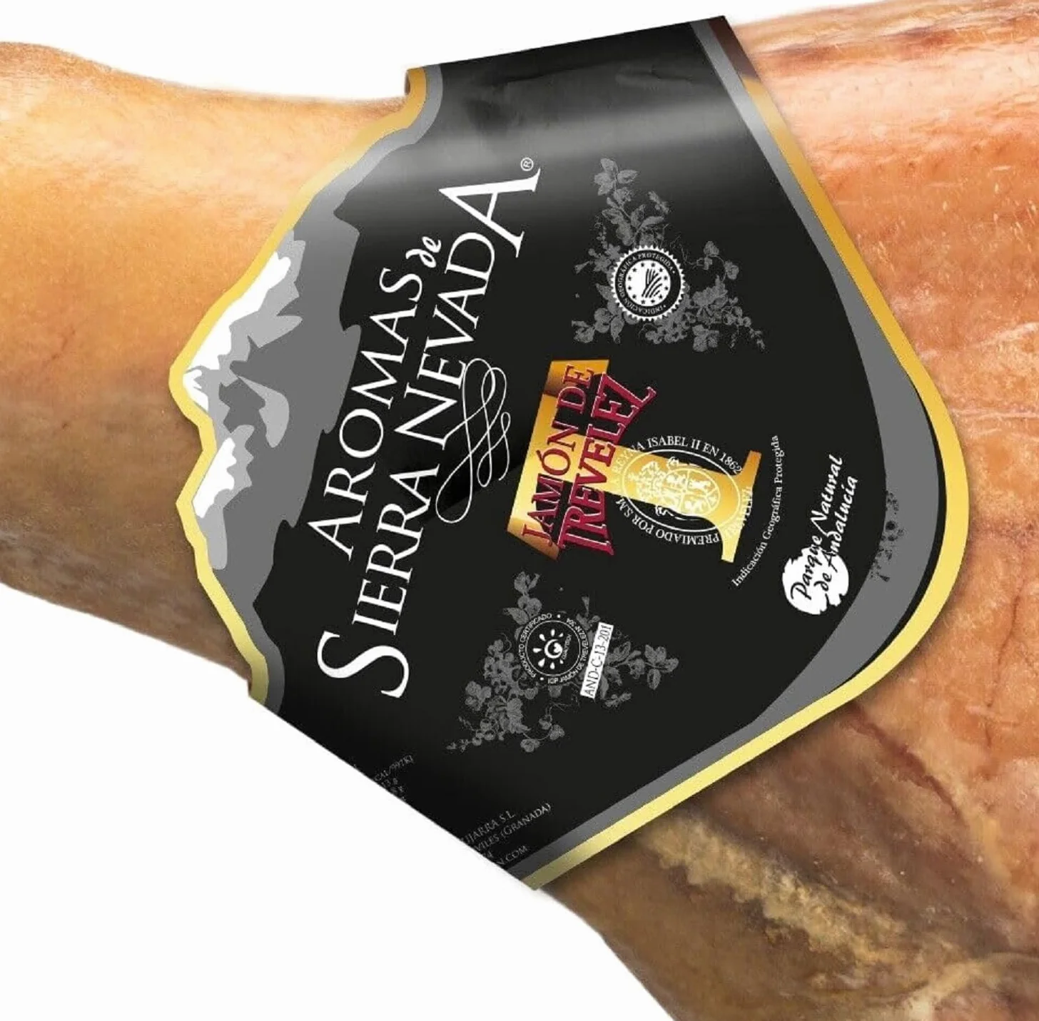 LalolaGourmet I Prosciutto Serrano Spagnolo -Trevélez I.G.P 7.5/8 kg Etichetta BLU, Stagionatura Naturale 100% Minima 17 Mesi, Senza glutine, Senza additivi